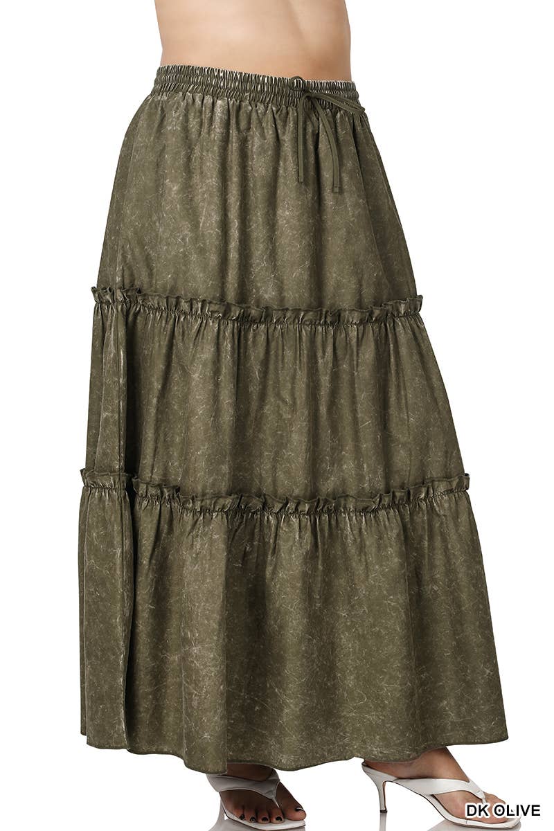 Olive Green Plus Woven Acid Wash Tiered Ruffle Maxi Skirt SeaJay s Boutique SeaJay s Boutique