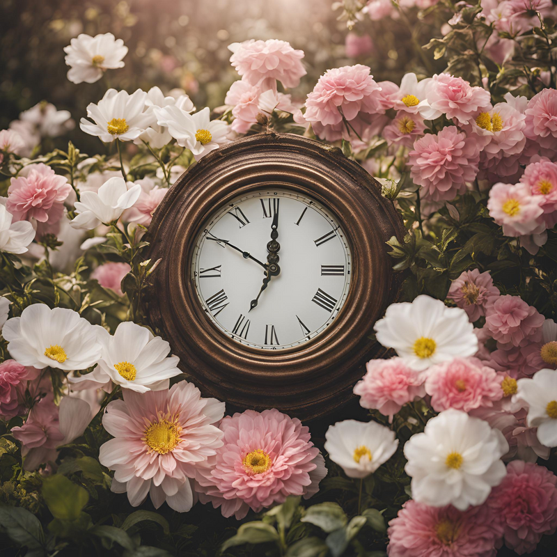 A clock in a field of pink and white flowers showing God's perfect timing