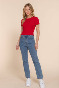 Red Short Sleeve Crew Neck Cotton Spandex Rib Knit Top