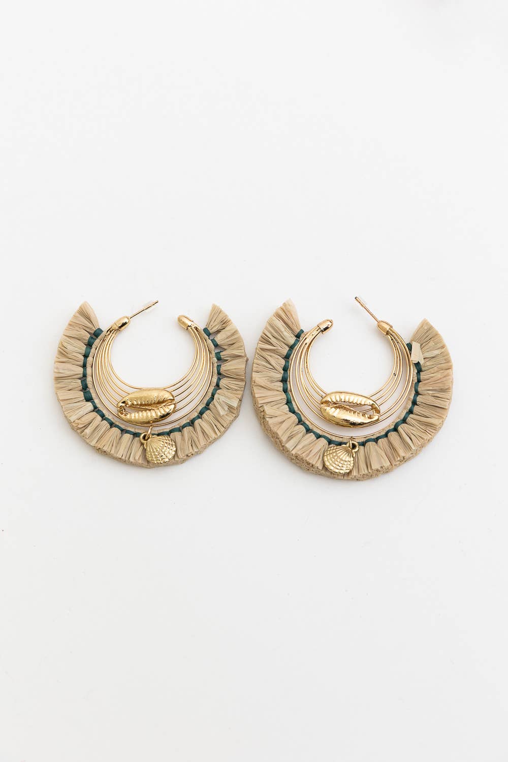 Seashell Glow Golden Raffia Hoop Earrings with white background