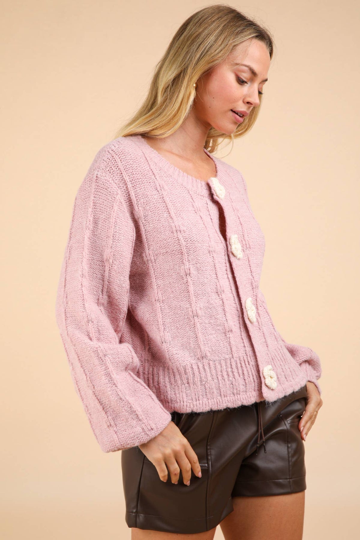 Floral Button Crop Length Knit Sweater Cardigan