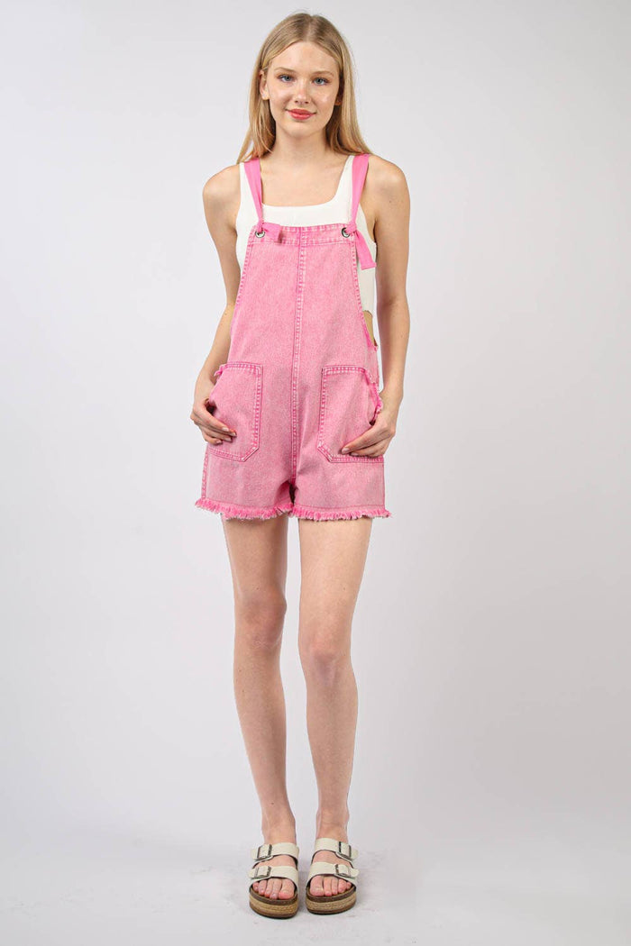 Pink Washed Cotton Denim Casual Romper Overall