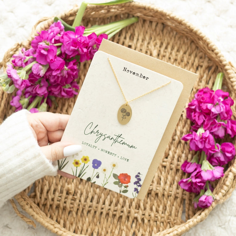 Birth Flower Necklace with Greeting Card