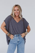 Stylish Camden Lace V-Neck Top (Charcoal) - Front View