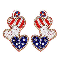 Patriotic USA Flag Heart Seed Beaded Earrings