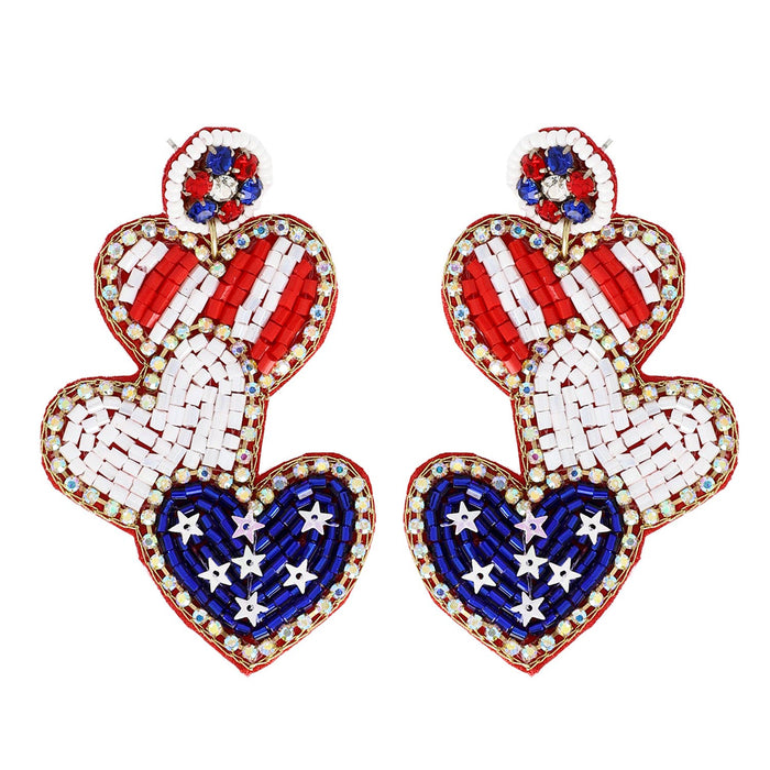 Patriotic USA Flag Heart Seed Beaded Earrings