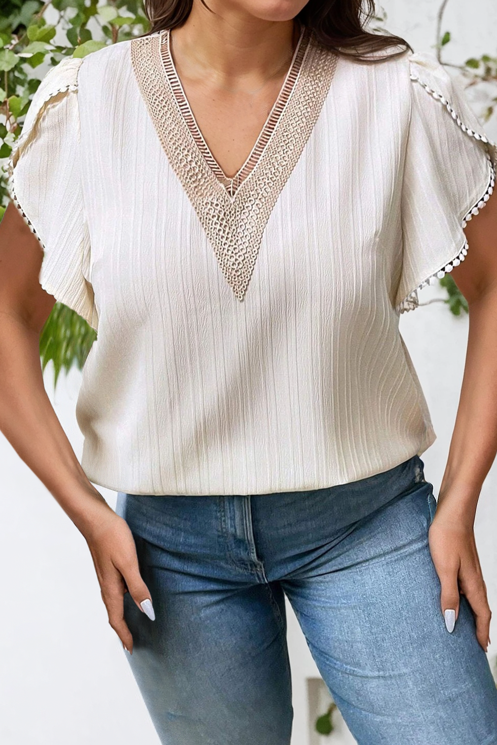 Plus Size Off White V-Neck Textured Ruffled Sleeve Blouse