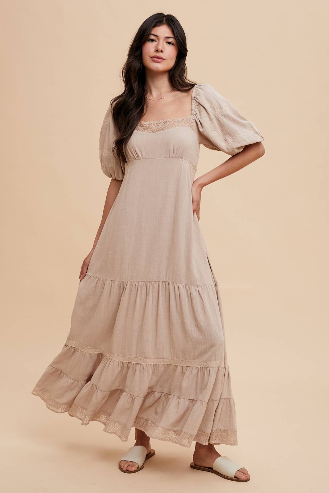 Linen Color Lace Inset Maxi Dress