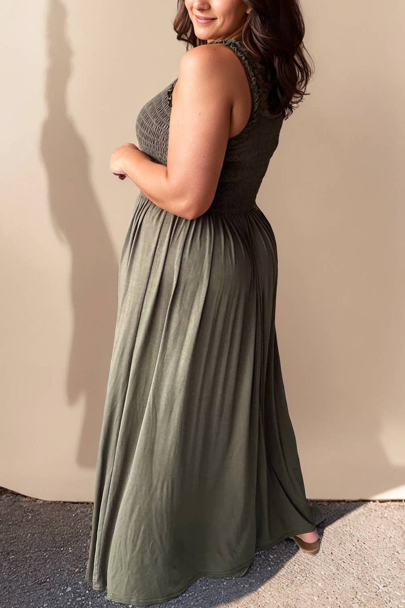 Plus Size Green Shirred Bust Sleeveless Maxi Dress