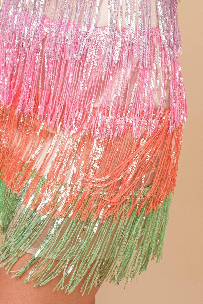 Rainbow Sequin Metallic Fringe Tiered Cami Mini Dress