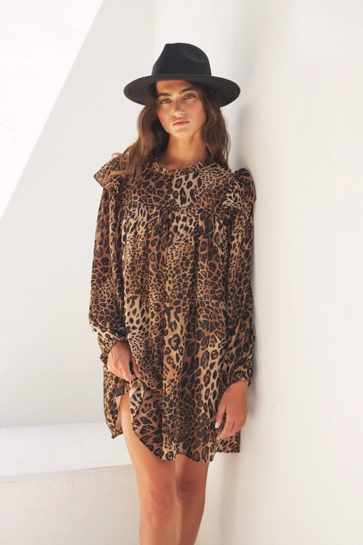 Leopard Sheer Mini Dress with Ruffles