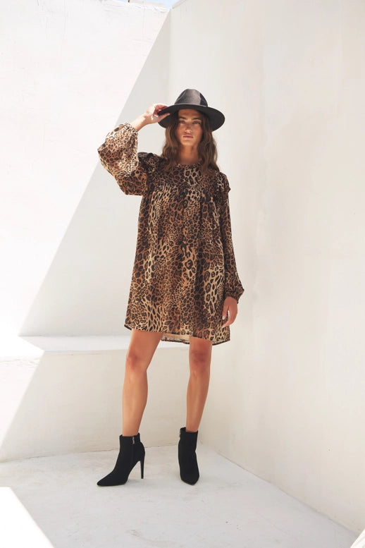 Leopard Sheer Mini Dress with Ruffles