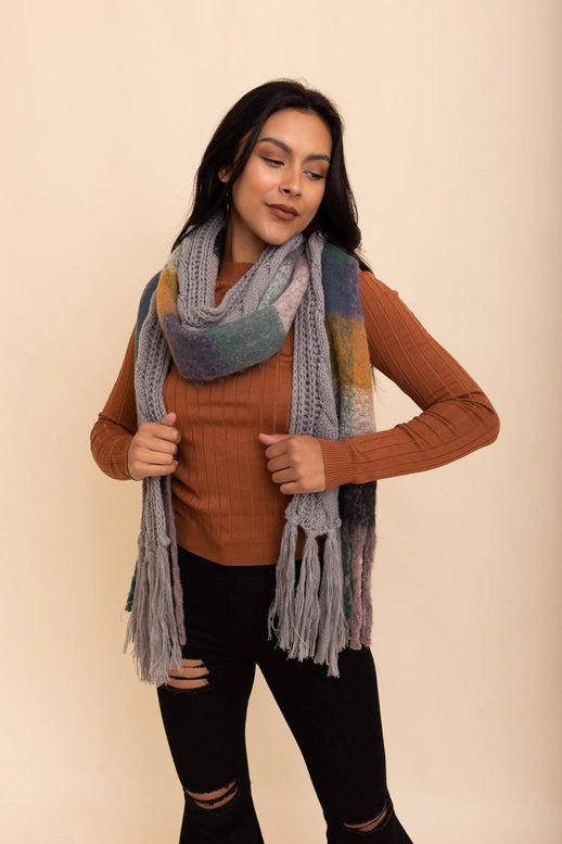 Cozy Knit Dual Textured Scarf with Tassels