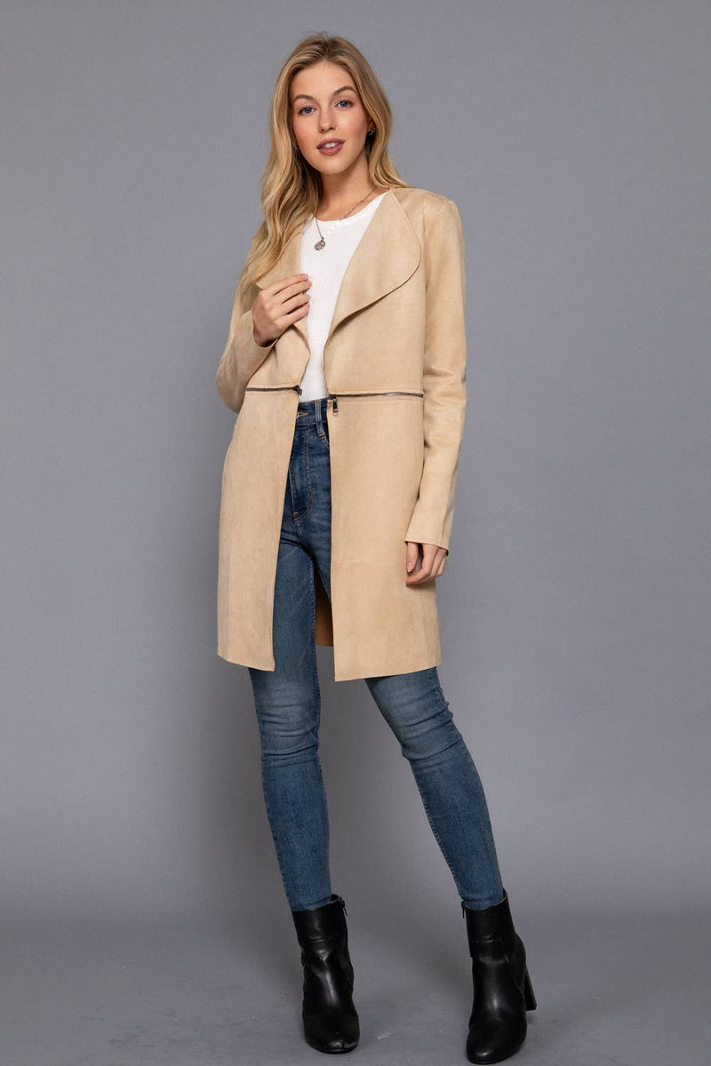 Long Sleeve Front Two Zipper Detail Faux Suede Long Jacket