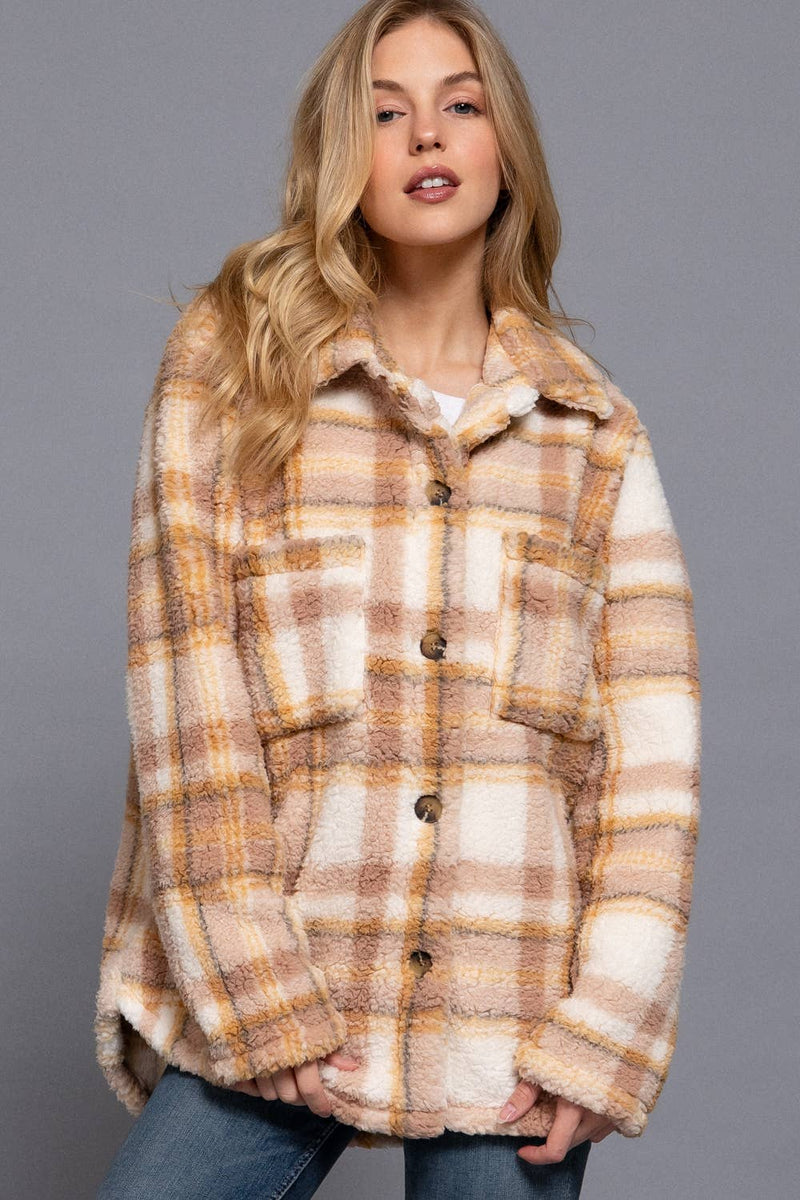 Long Sleeve Button Down Oversize Printed Faux Fur Jacket