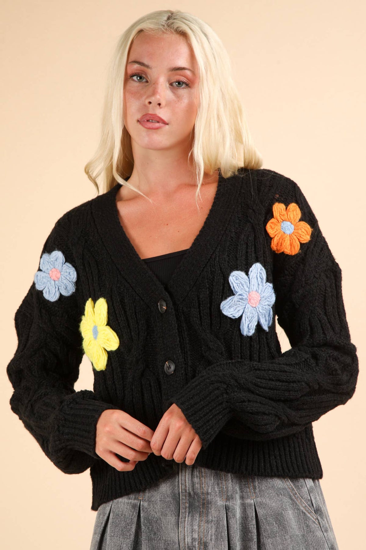 Hand-Made Flower Applique Knit Sweater Cardigan