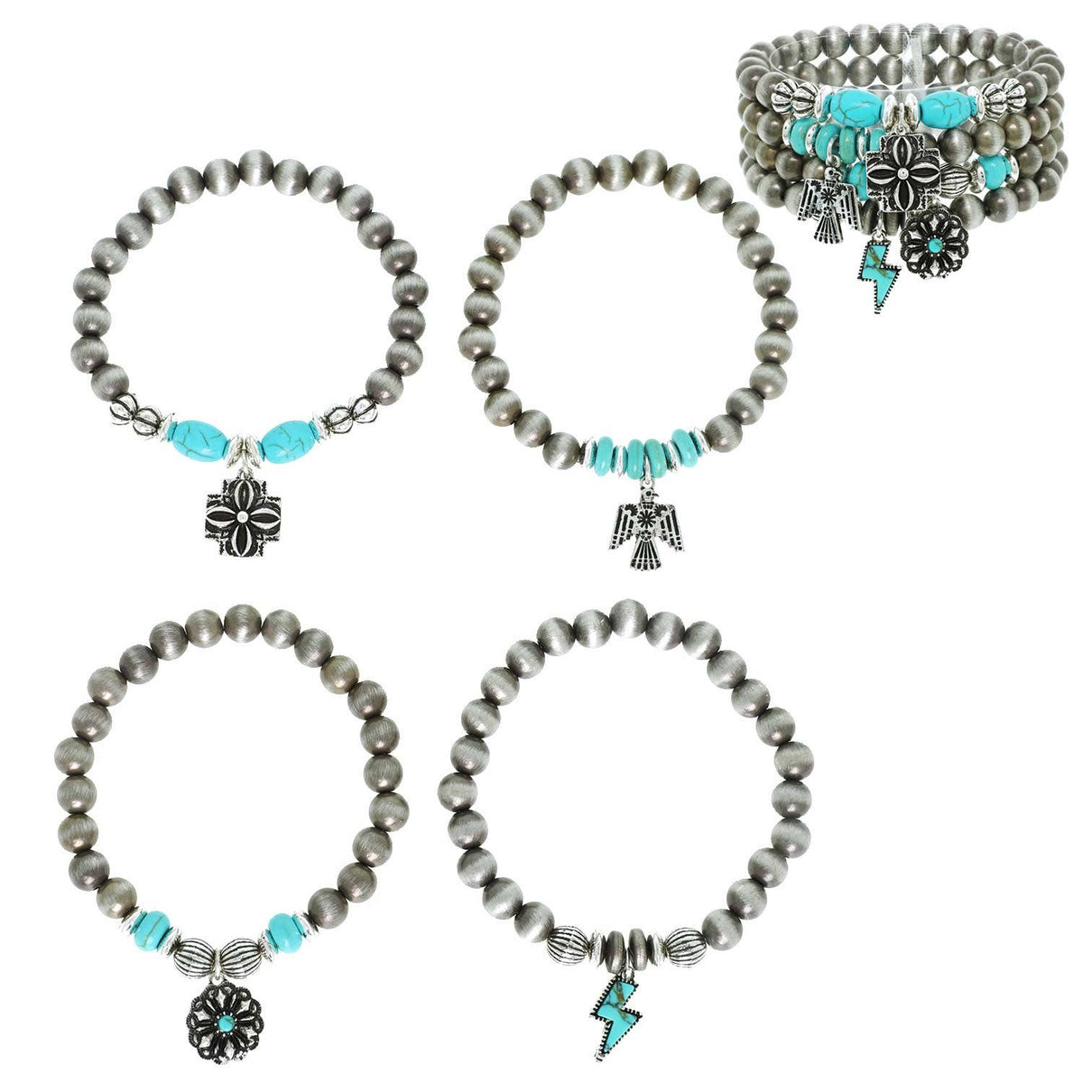 4-Piece Western Navajo Beaded Charm Bracelet Set