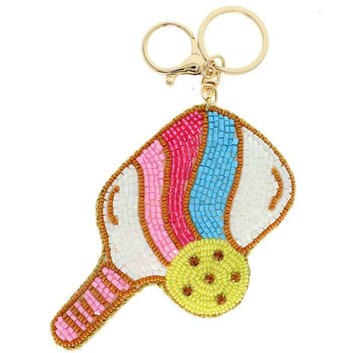 Pickle Ball Seed Beaded Rhinestone Keychain