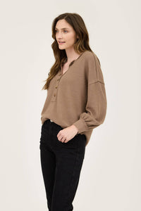 V-Neck Half Button Long Sleeved  Exposed Seam Top