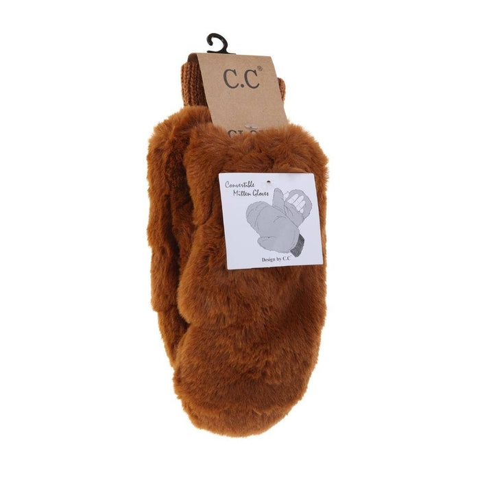 Fuzzy Lined Fur Women's Convertible Mittens- Coffee