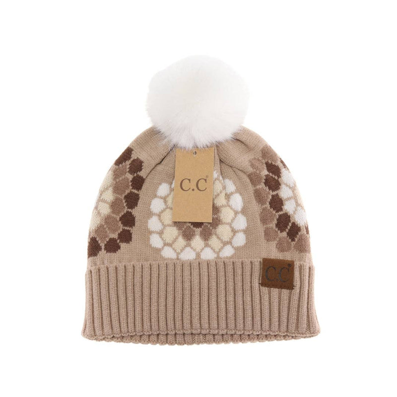 Flower Pattern Pom C.C Beanie Taupe