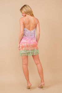 Rainbow Sequin Metallic Fringe Tiered Cami Mini Dress