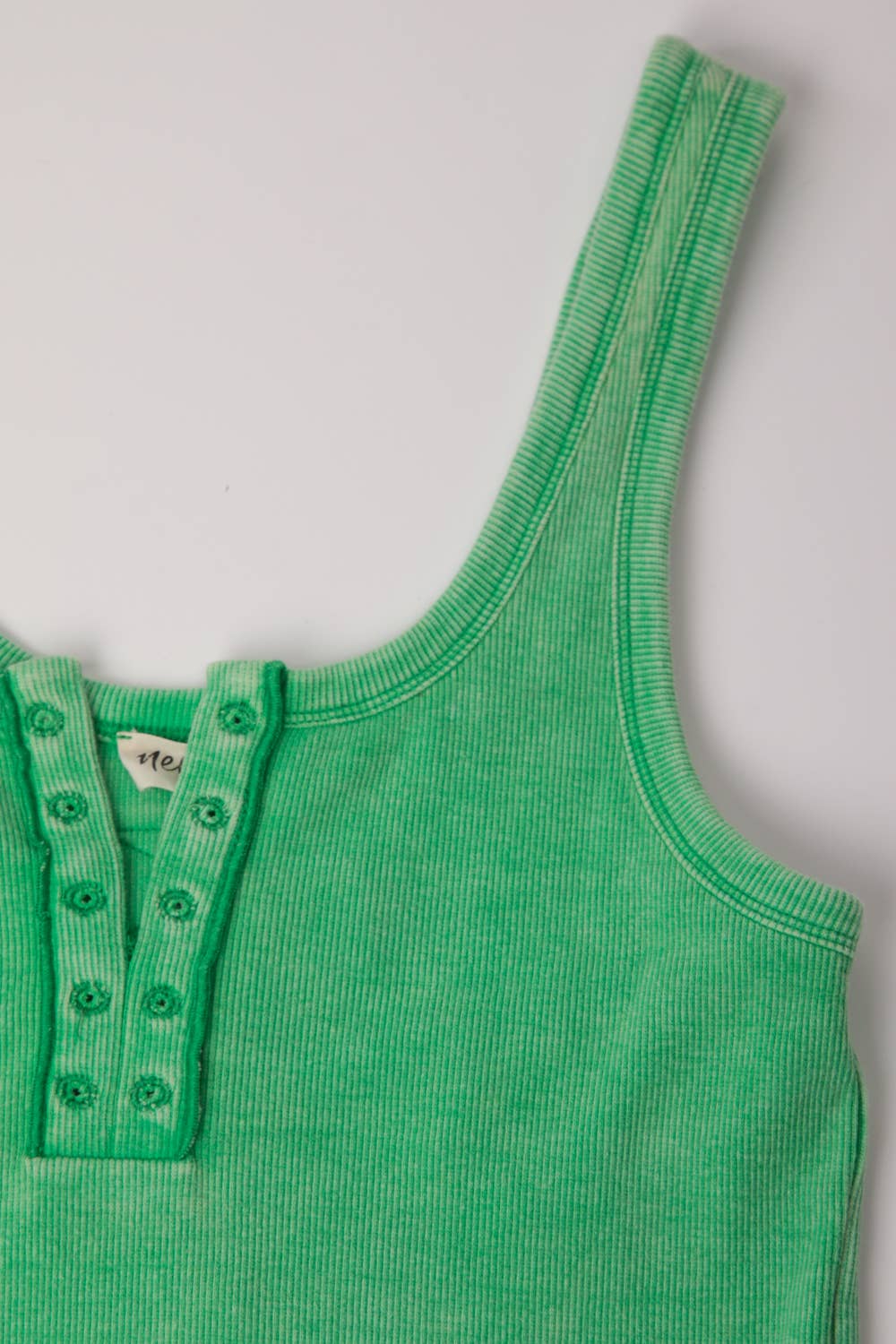 Green Washed Casual Fitted Button Tank Top