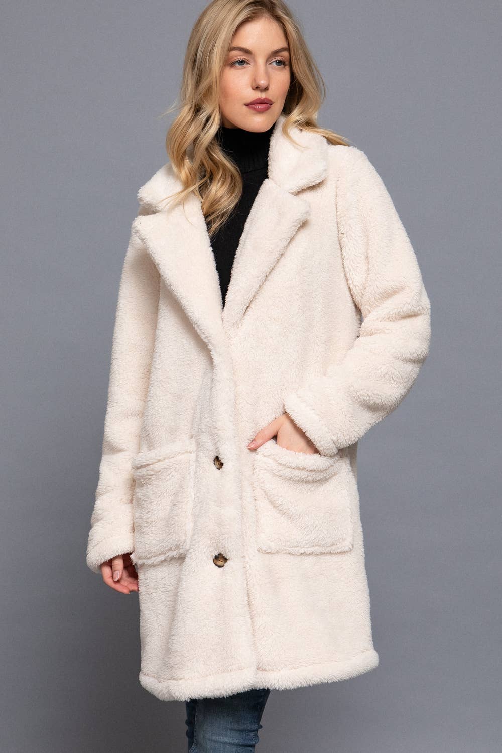 Long Sleeve Notched Collar Patch Pocket Sherpa Coat