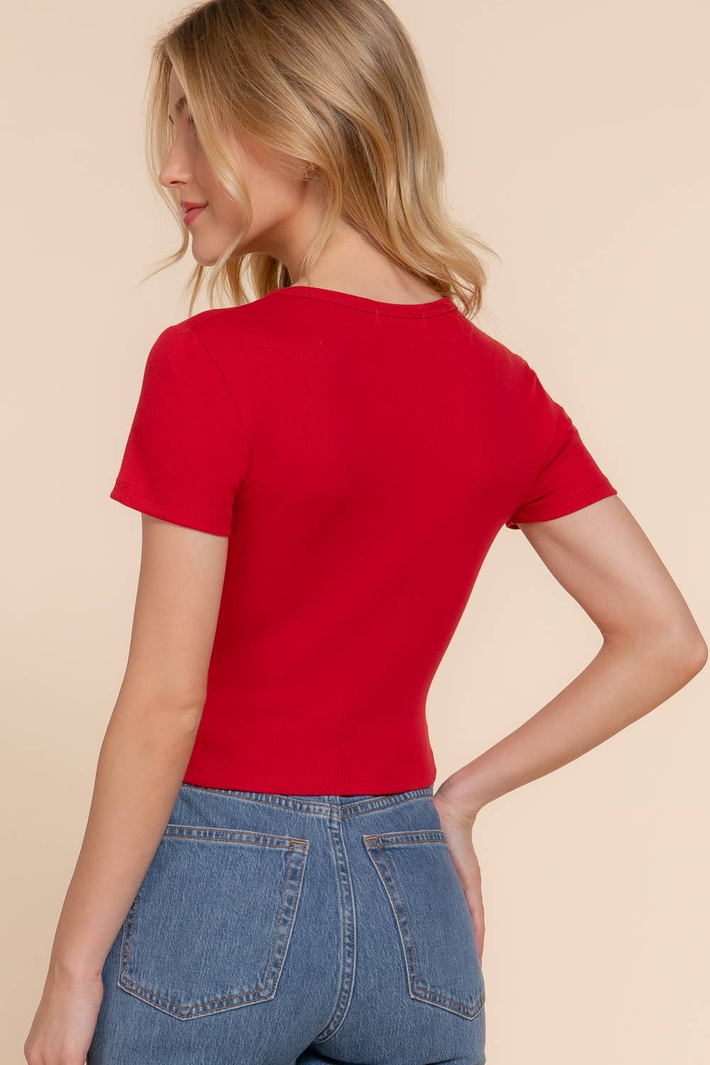 Red Short Sleeve Crew Neck Cotton Spandex Rib Knit Top