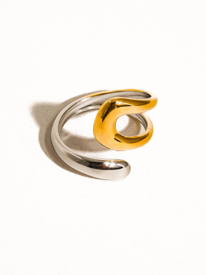 An elegant dual-finish ring showcasing smooth, fluid curves that merge polished silver and gold hues, creating a minimalist yet bold statement piece.