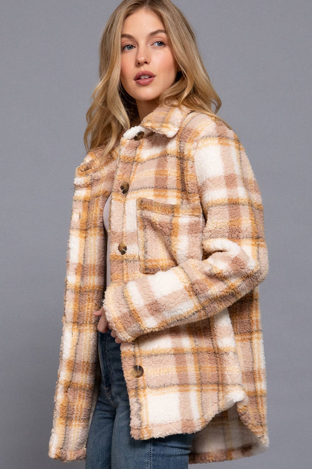 Long Sleeve Button Down Oversize Printed Faux Fur Jacket