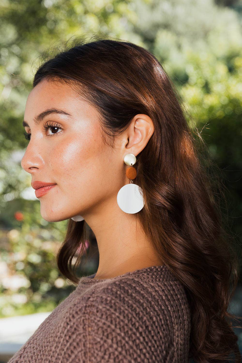 Boho Chic Shell and Wood Earrings on Model Side View