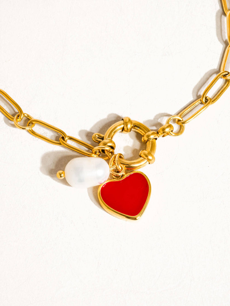 Eulalie 18K Gold Non-Tarnish Heart Pearl Chain Bracelet