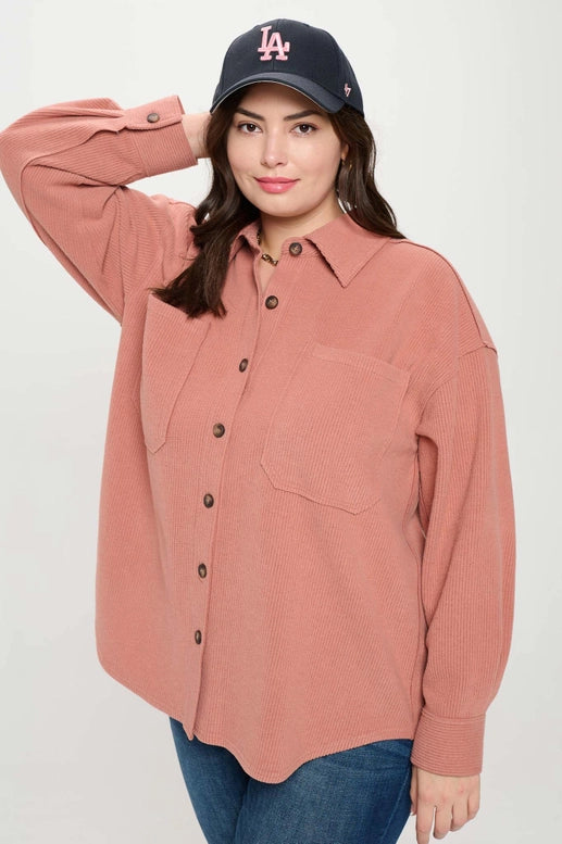 Rib Knit Exposed Seam Button up Top- Plus size