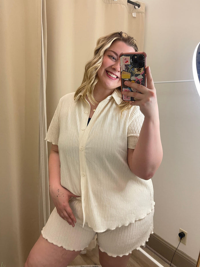 Champagne Pleated Button Down Short Set- Plus Size