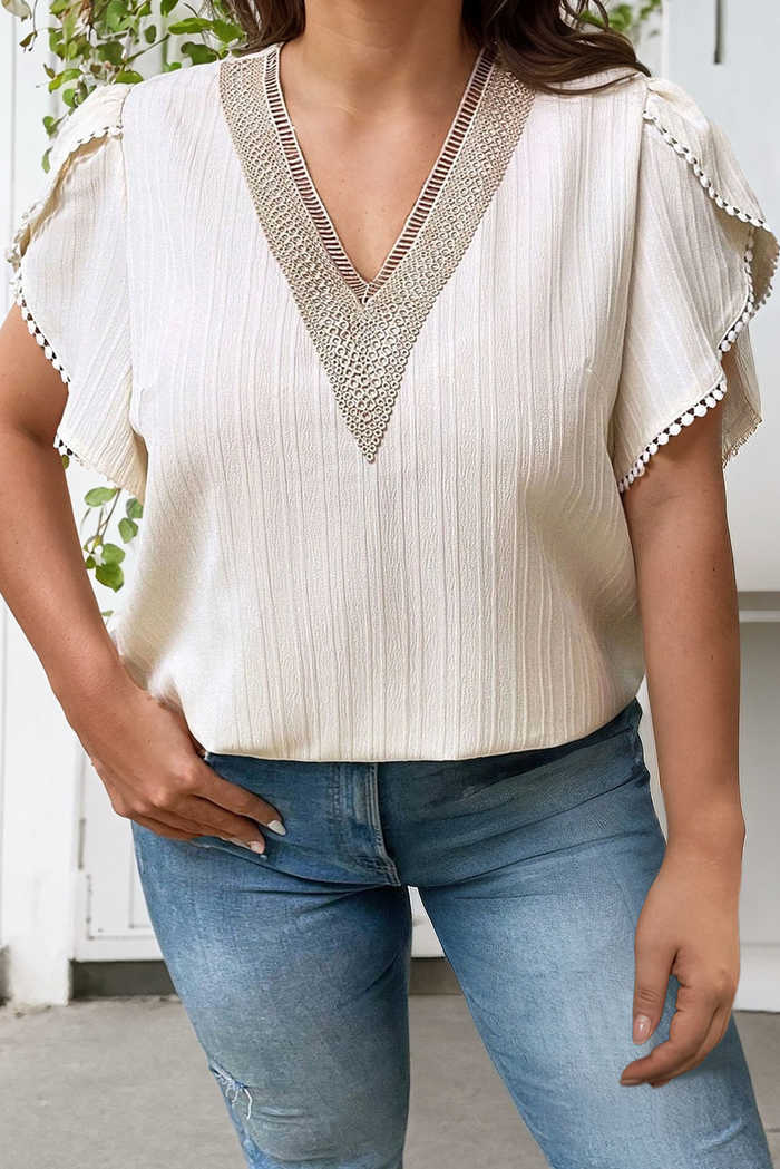 Plus Size Off White V-Neck Textured Ruffled Sleeve Blouse