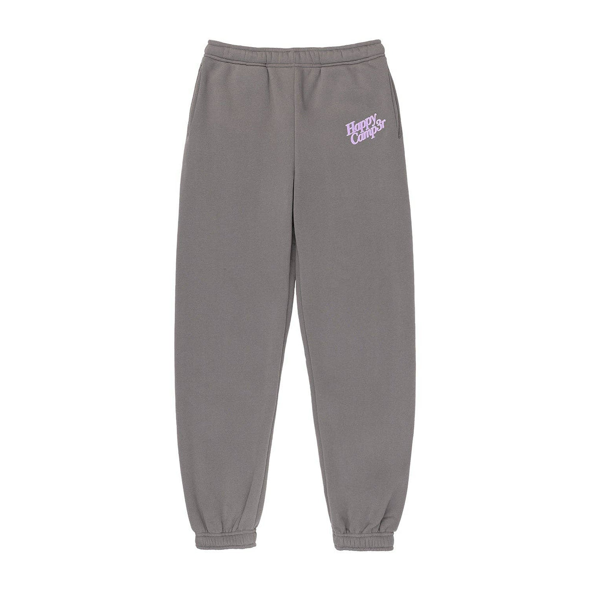 Flat lay image of the "I'll Always Love You" dark gray fleece sweatpants featuring the "Happy Camp3r" lavender puff print logo. Made from 30% organic cotton and 70% recycled polyester, these sustainable, unisex joggers offer a cozy, heavyweight fleece material with an elastic waistband and cuffed ankles for a snug fit.