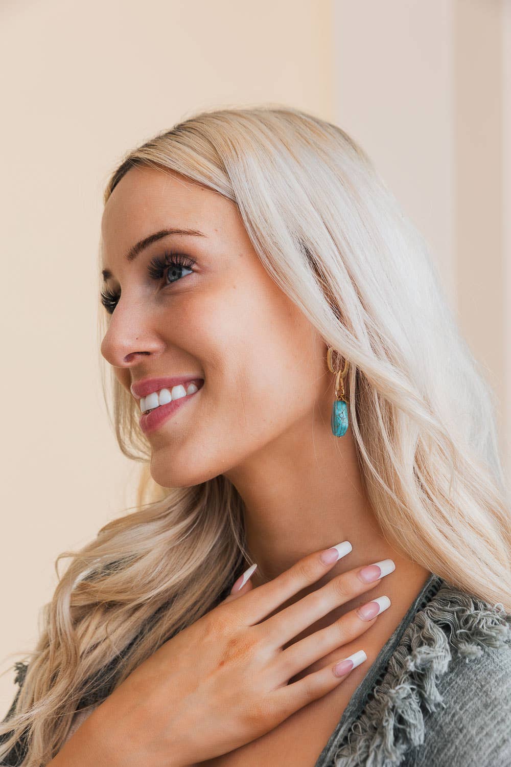 Turquoise Stone Drop Chain Earrings on Model