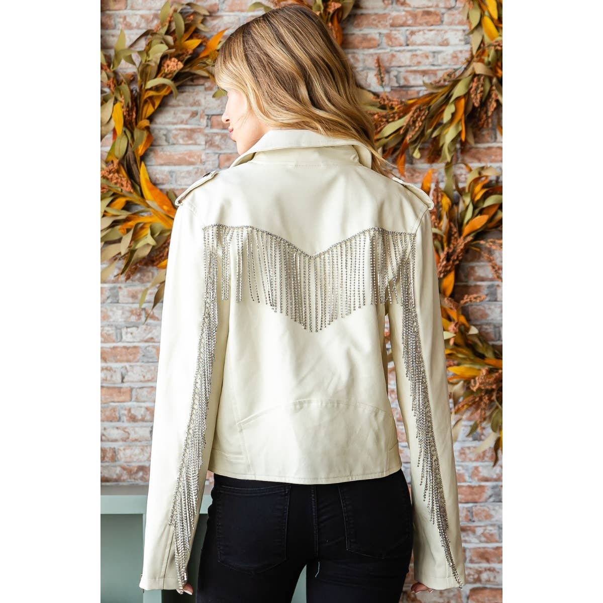 Rhinestone Fringe Faux Leather Moto Jacket