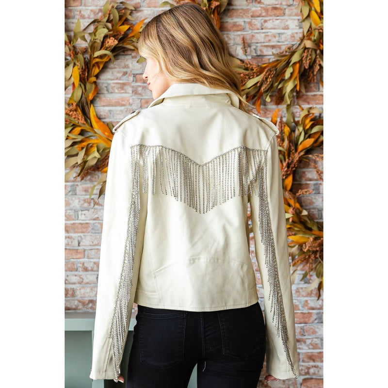 Rhinestone Fringe Faux Leather Moto Jacket