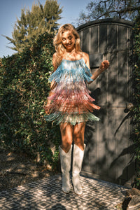 Rainbow Sequin Metallic Fringe Tiered Cami Mini Dress