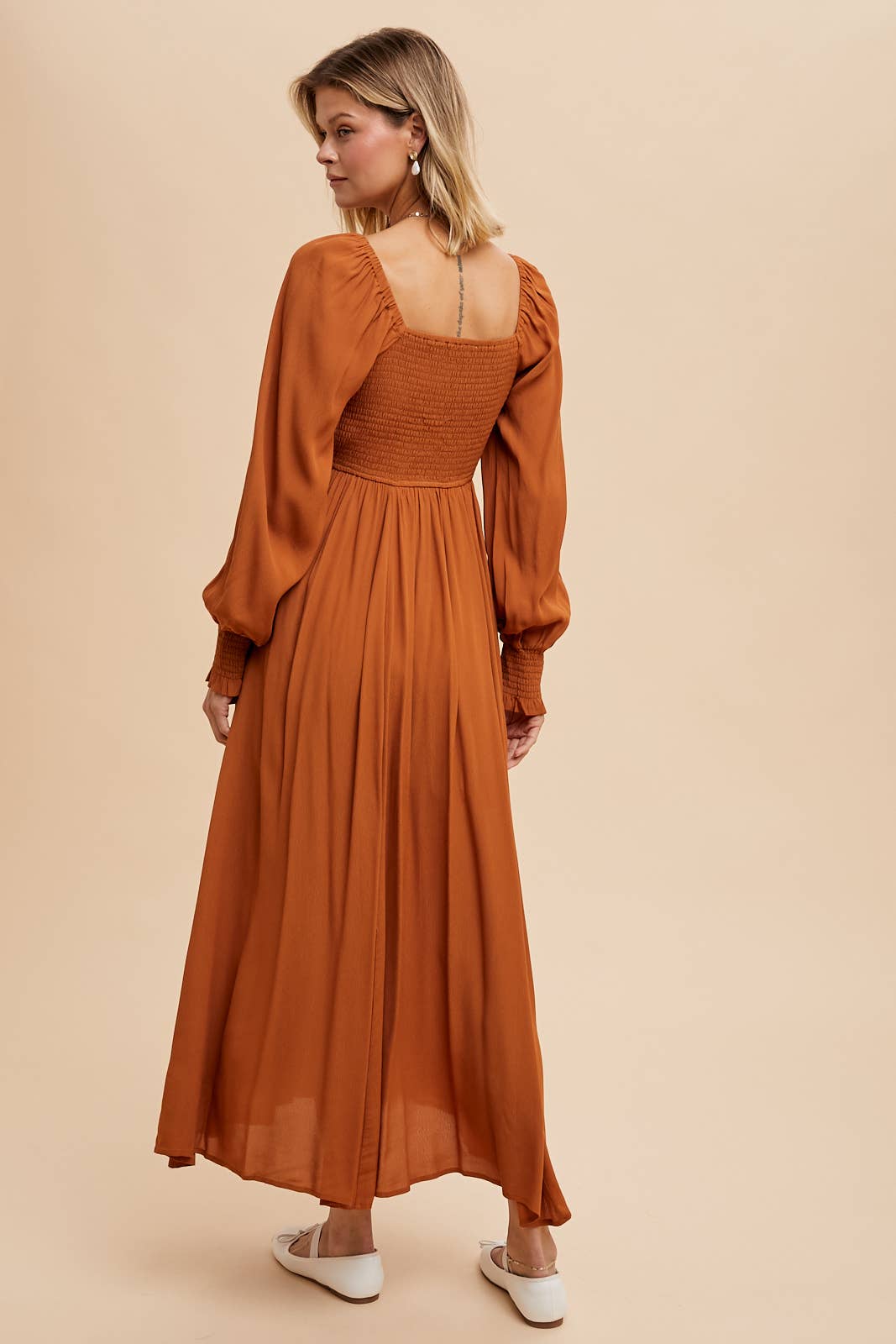 Rust Orange Ruched Bodice Square Neck Maxi Dress