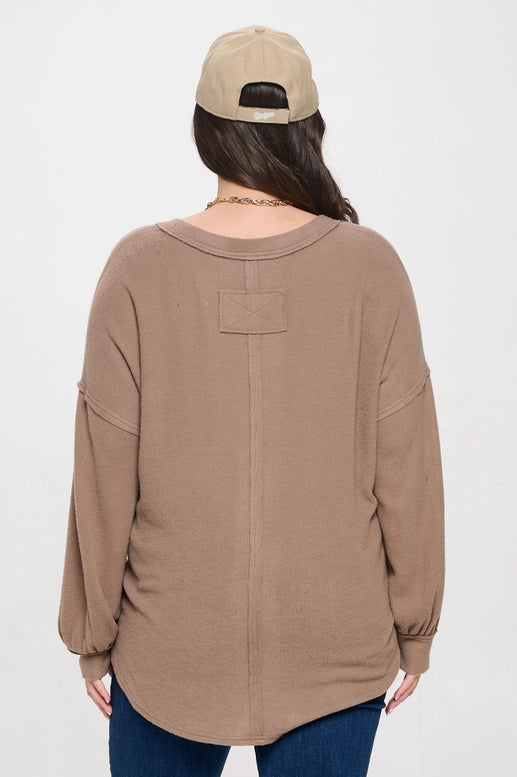 V-Neck Half Button Long Sleeve Top