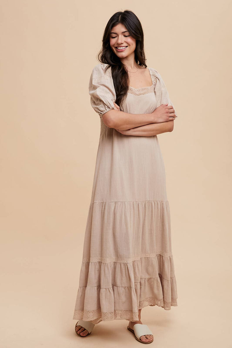 Linen Color Lace Inset Maxi Dress