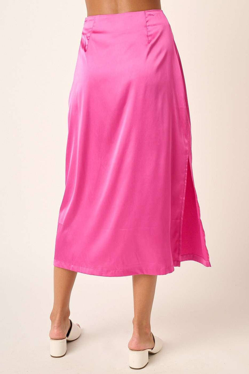 Pink Stretch Satin Side Slit Midi Skirt