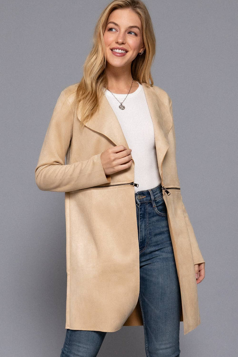 Long Sleeve Front Two Zipper Detail Faux Suede Long Jacket