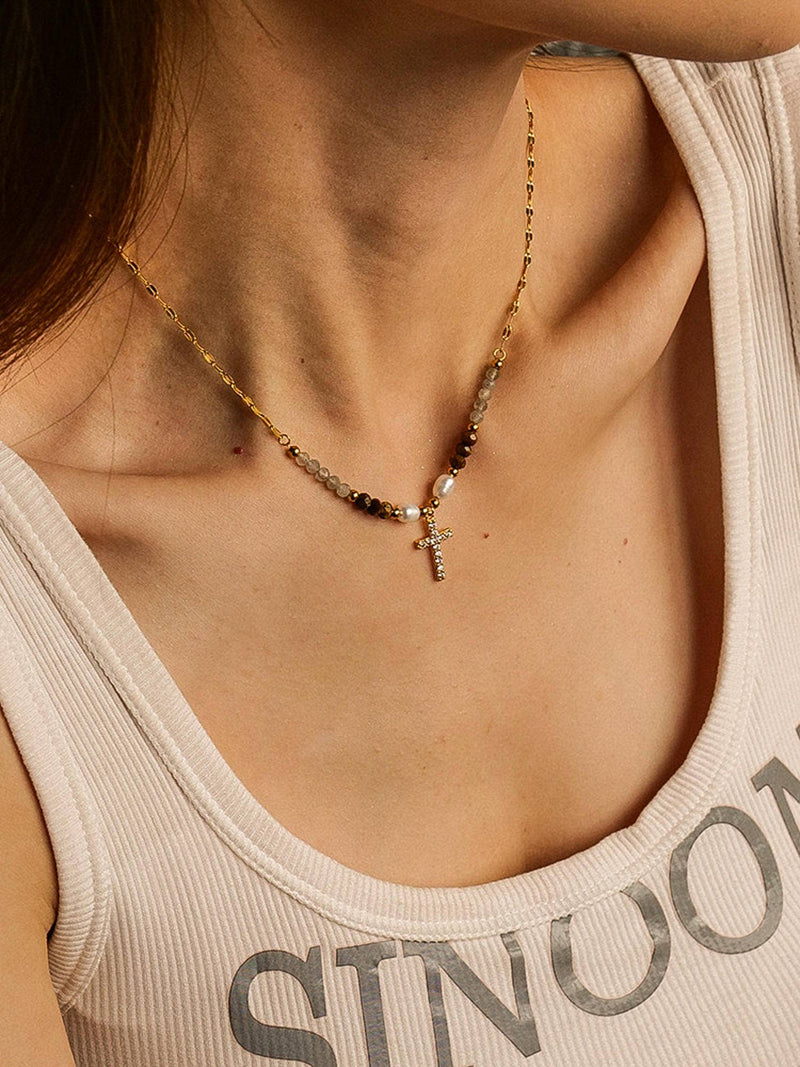 Lumiere 18K Gold Cross Necklace with Beads and Pearls