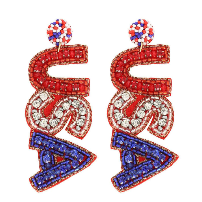 Jeweled Patriotic USA Lettering Beaded Earrings