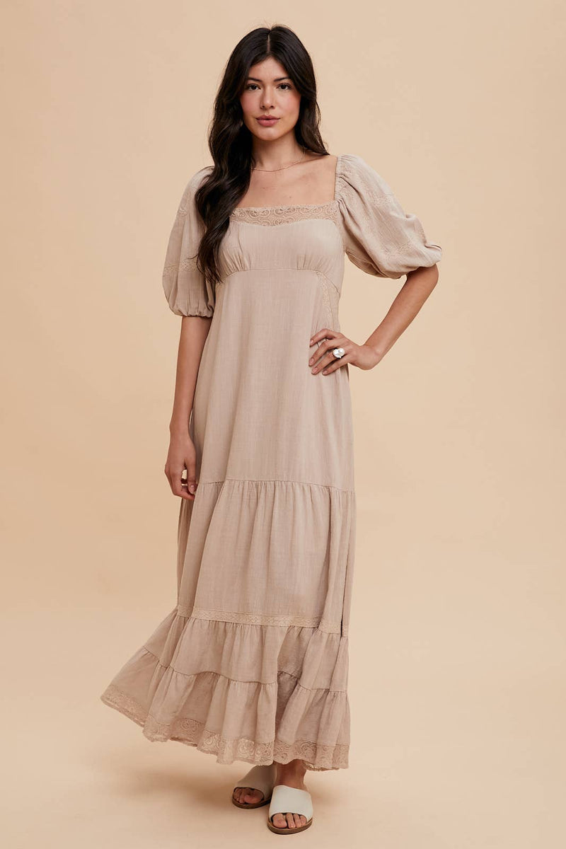 Linen Color Lace Inset Maxi Dress