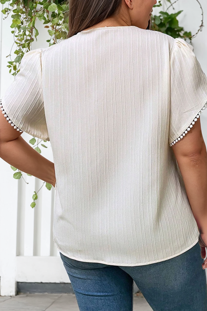 Plus Size Off White V-Neck Textured Ruffled Sleeve Blouse